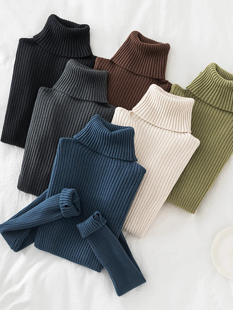 Warm Thick Autumn Winter Women Sweater Pullover Basic Ribbed Sweaters Cotton Tops Knitted Solid Turtleneck With Thumb Hole