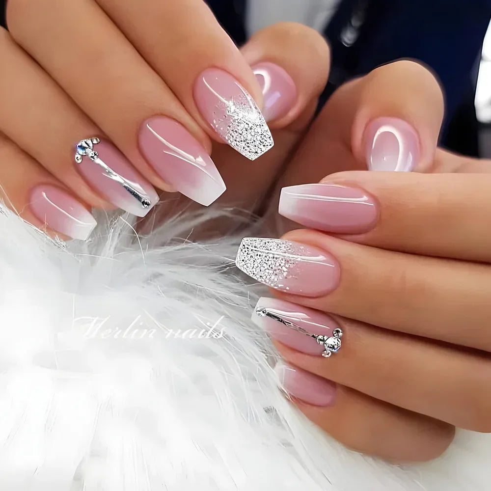 24 Uds uñas postizas de degradado blanco, cortas, cuadradas, bailarina, sencillas, de presión, usables, de color nude, puntas de manicura de cubierta completa