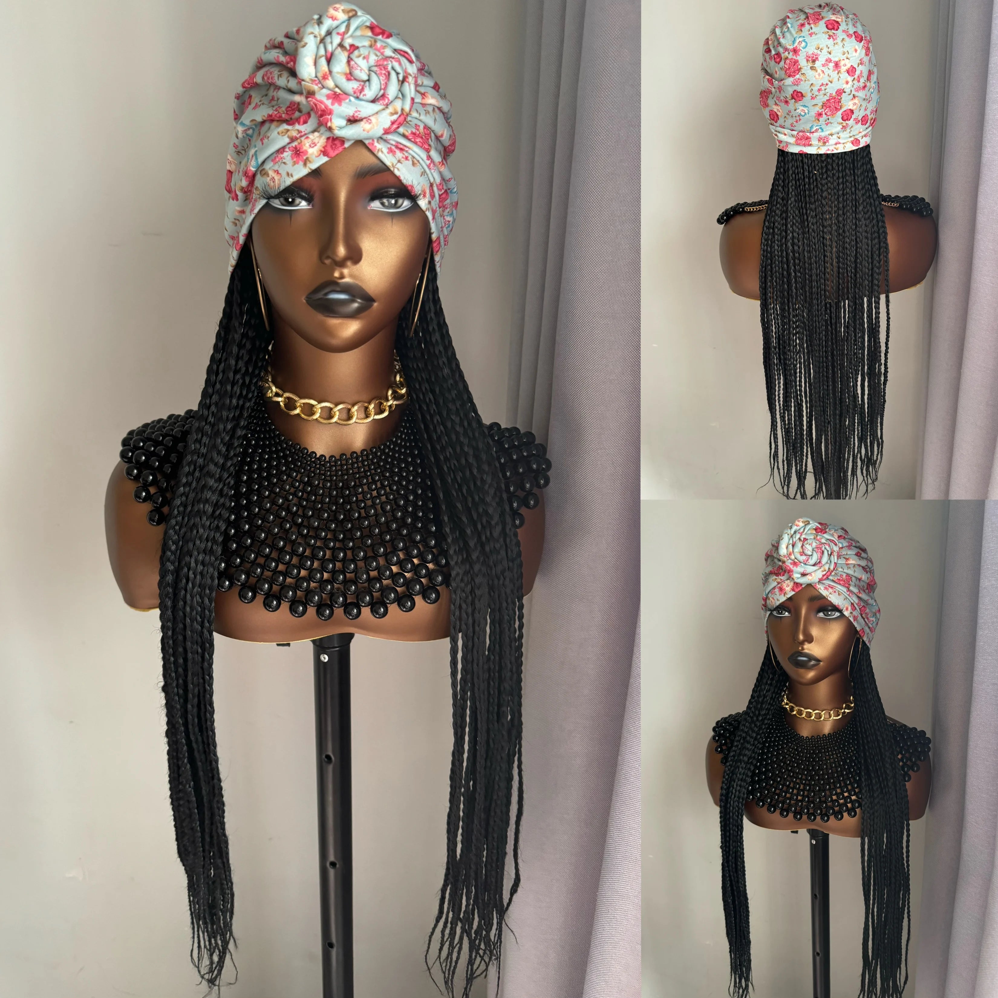 WIGERA Diadema con estampado de leopardo Peluca sintética trenzada larga con gorro turbante Trenzado de caja Extensiones de cabello Pañuelo para la cabeza Peinado fácil