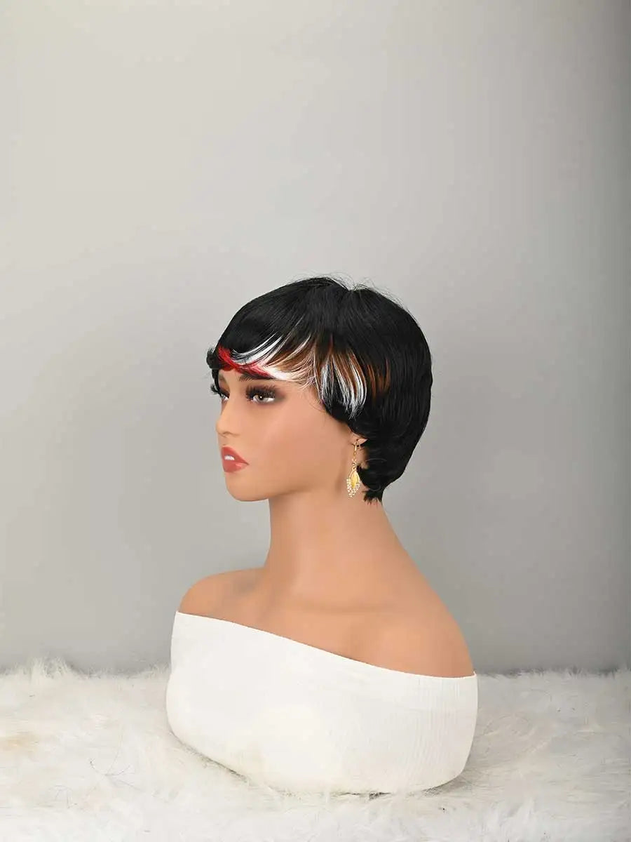 Short Bob Wig for PixieCut wigs Glueless WigNone Front Synthetic Wig withBangs Natural BlackStraight Full MachineMade Short Layered fordaily use