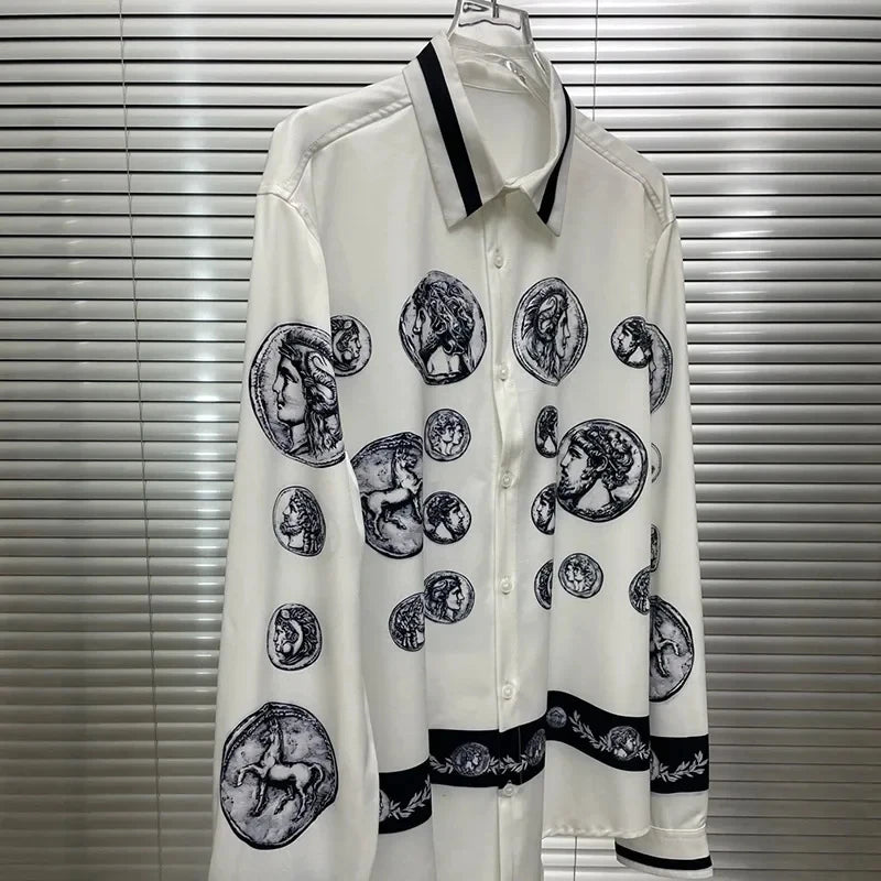 Men's shirt Vintage Character print Spring / Autumn Loose Version Classic Long-sleeved Lapel Fashion and leisure Top S-5XL