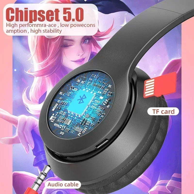 Casque de jeu sans fil P47M avec lumière clignotante et oreilles de chat mignonnes, avec micro, contrôle LED, musique stéréo, téléphone, Bluetooth, cadeau
