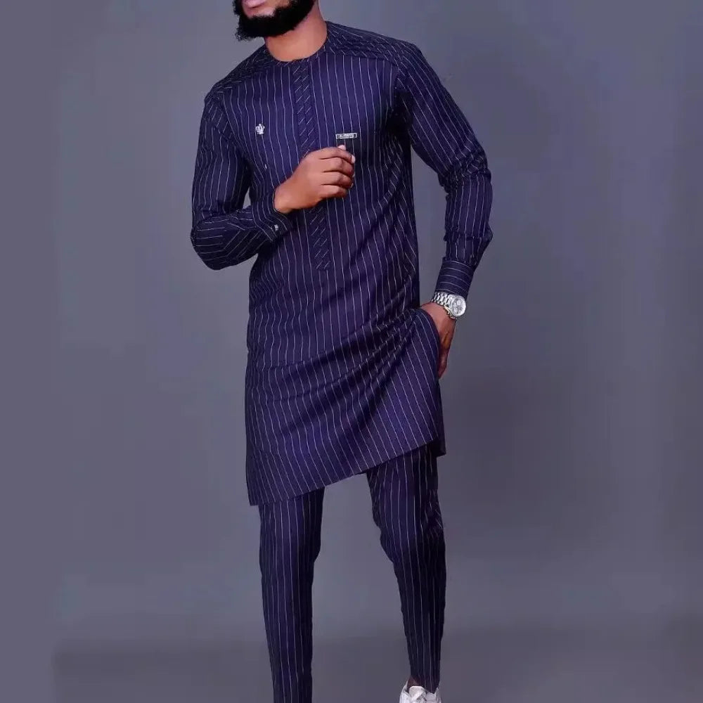 African Two Piece Set Men Outfits Pocket Splice Long Sleeve Round Collar Top Slim Pants Business Suit Africa Summer Gentleman