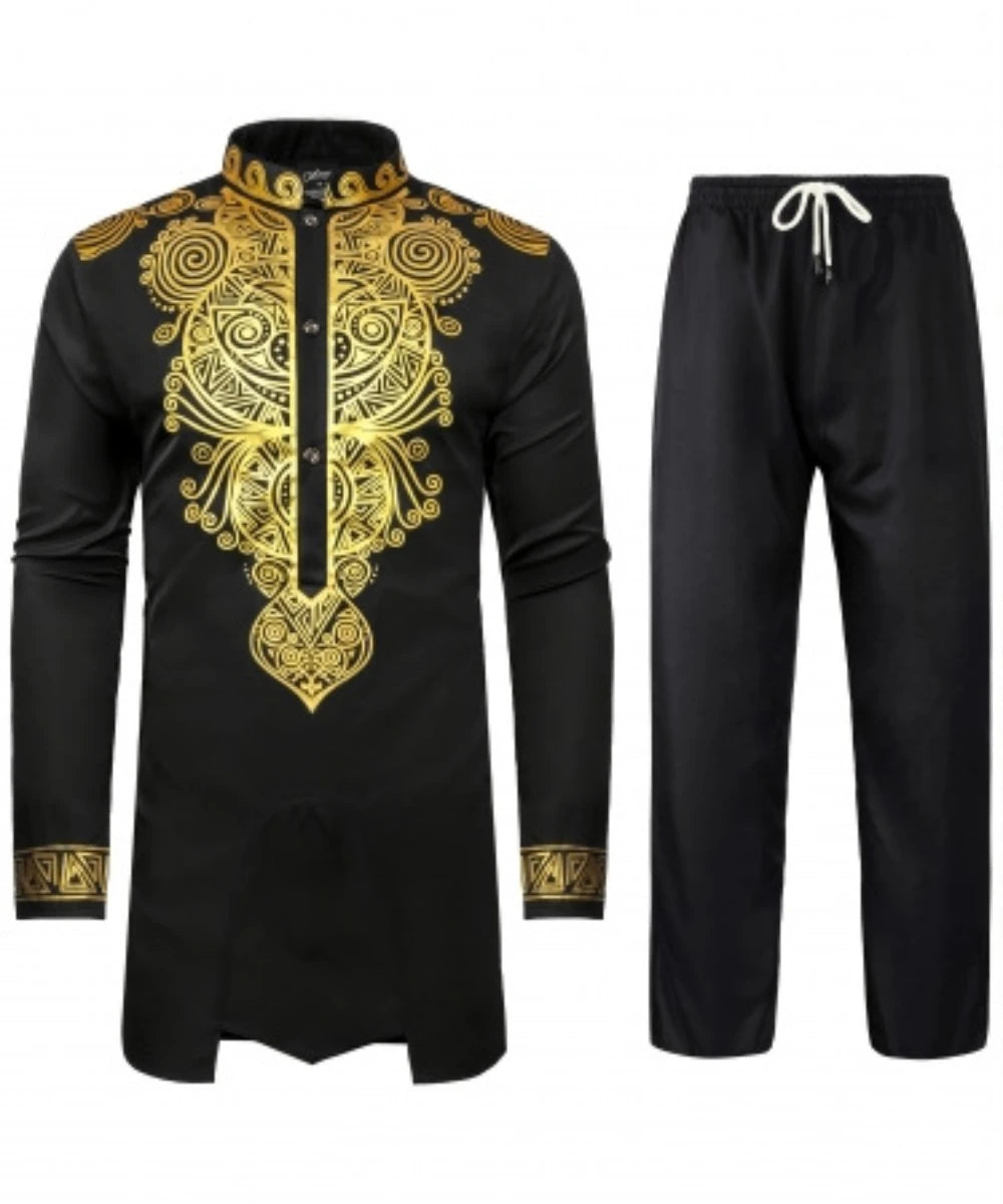 Conjunto de dos piezas para hombre africano Traje tradicional de manga larga con estampado dorado Camisa Pantalones Fiesta África Verano Caballero Atuendo étnico