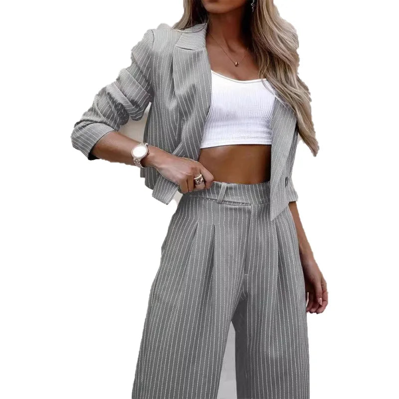 Conjunto de pantalón y chaqueta a rayas casual para mujer, elegante traje de dos piezas con solapa corta y pantalones rectos, nuevos conjuntos a juego para mujer