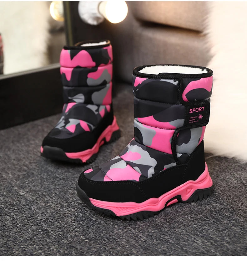 Winter Children Shoes Plush Waterproof Fabric Non-Slip Girl Shoes Rubber Sole Snow Boots Fashion Warm Outdoor Boots