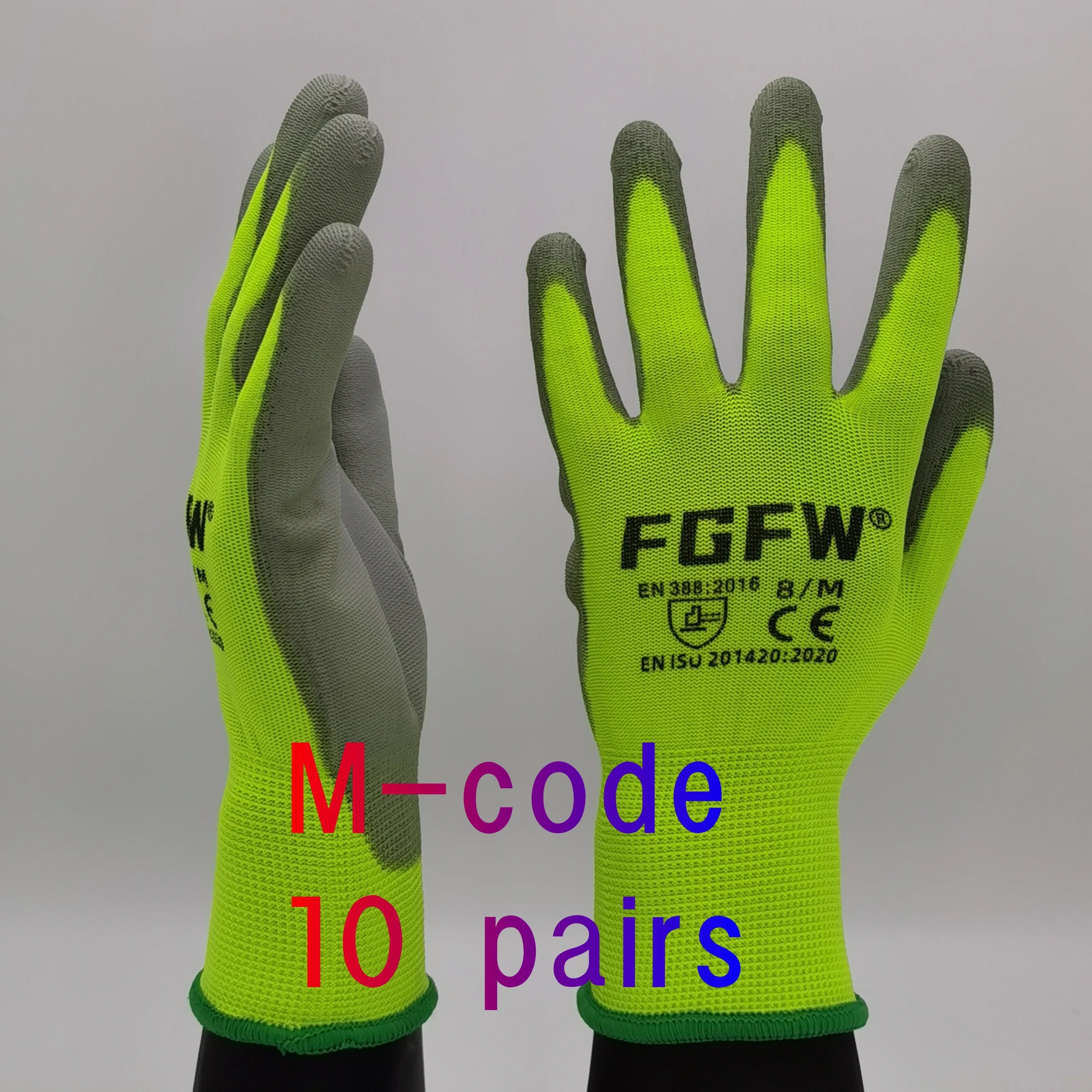 Lot de 10 paires de gants de travail enduits de PU - Gants de sécurité légers et résistants, certifiés EN 388/ISO 20471, tailles S/M/L/XL