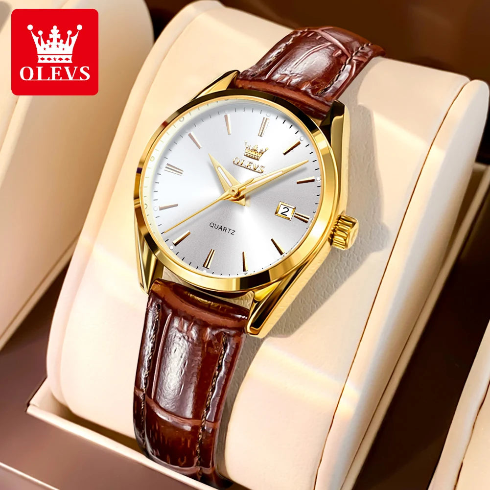 OLEVS 6898 Womens Watch Original Fashion Brand Quartz Wristwatch Waterproof Luminous Leather Strap Dual Calendar Ldies Watch
