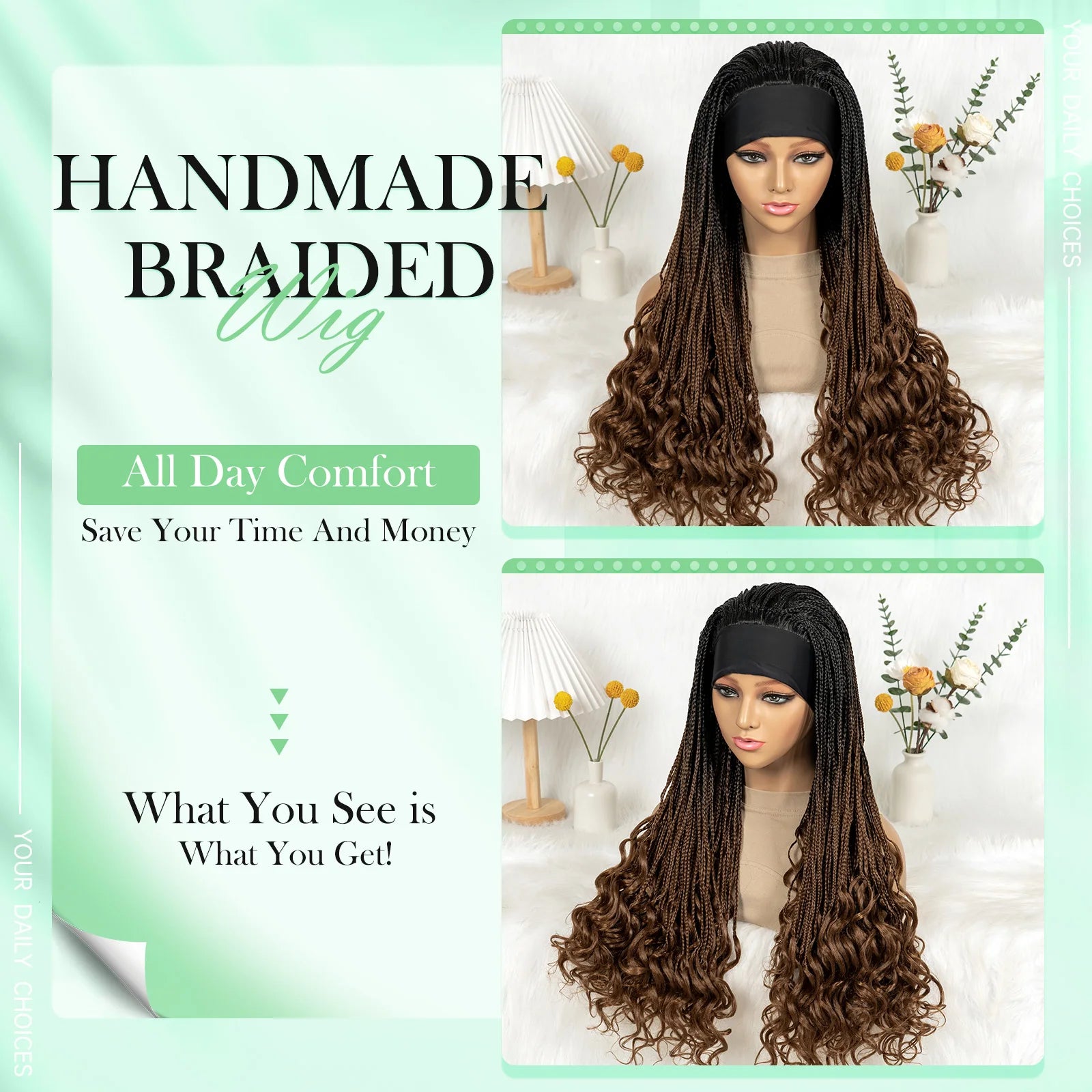 Silk Headband Wig Braided Wigs with Curly Ends Headband Wigs Knotless Braided Wig Easy to Wear for Black Women