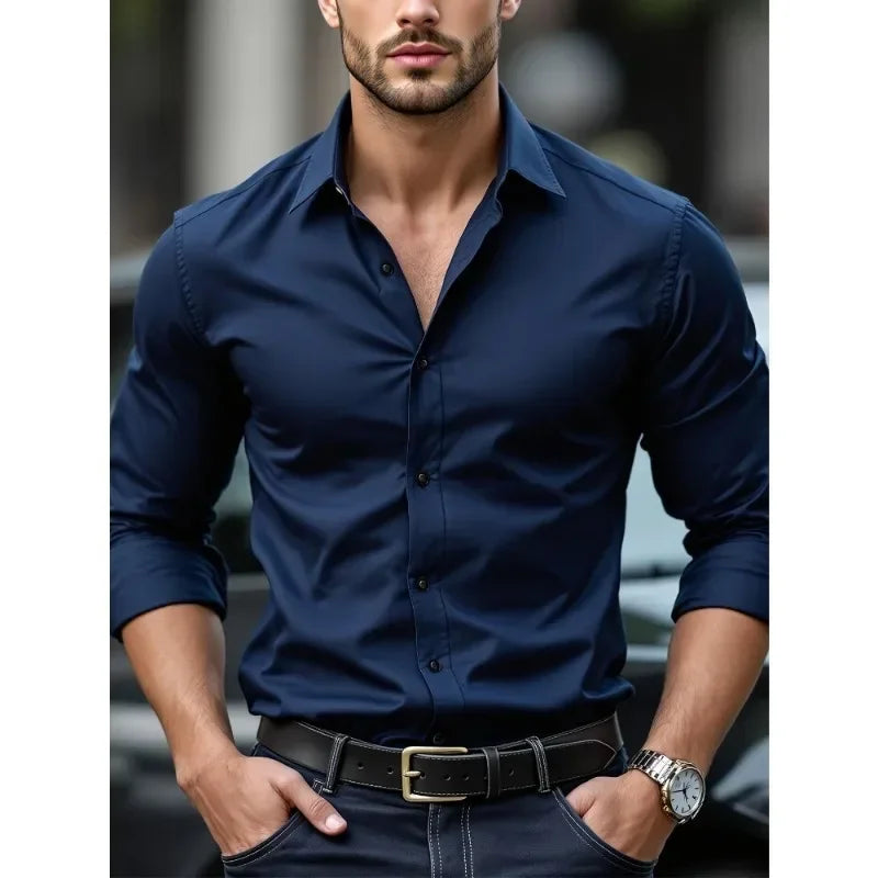 Men's Shirt Brand New Solid Color Long Sleeve Smart Casual Four Season Elastic Male Business Shirts