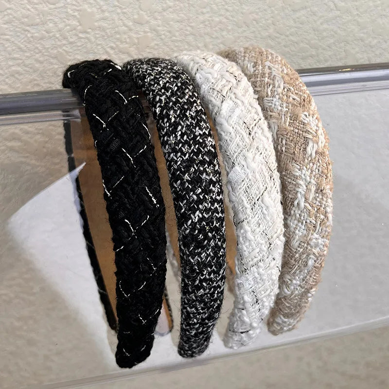 Diademas de tweed con celosía a la moda para mujer, bandas para el cabello retro con temperamento, aros para el cabello sólidos con esponja, nuevos accesorios para el cabello de otoño e invierno