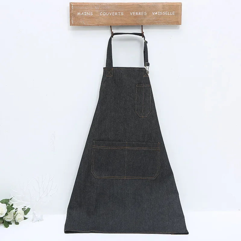 Tablier de cuisine unisexe en denim réglable pour homme et femme avec poche pour chef, cuisine, pâtisserie, nettoyage de la maison