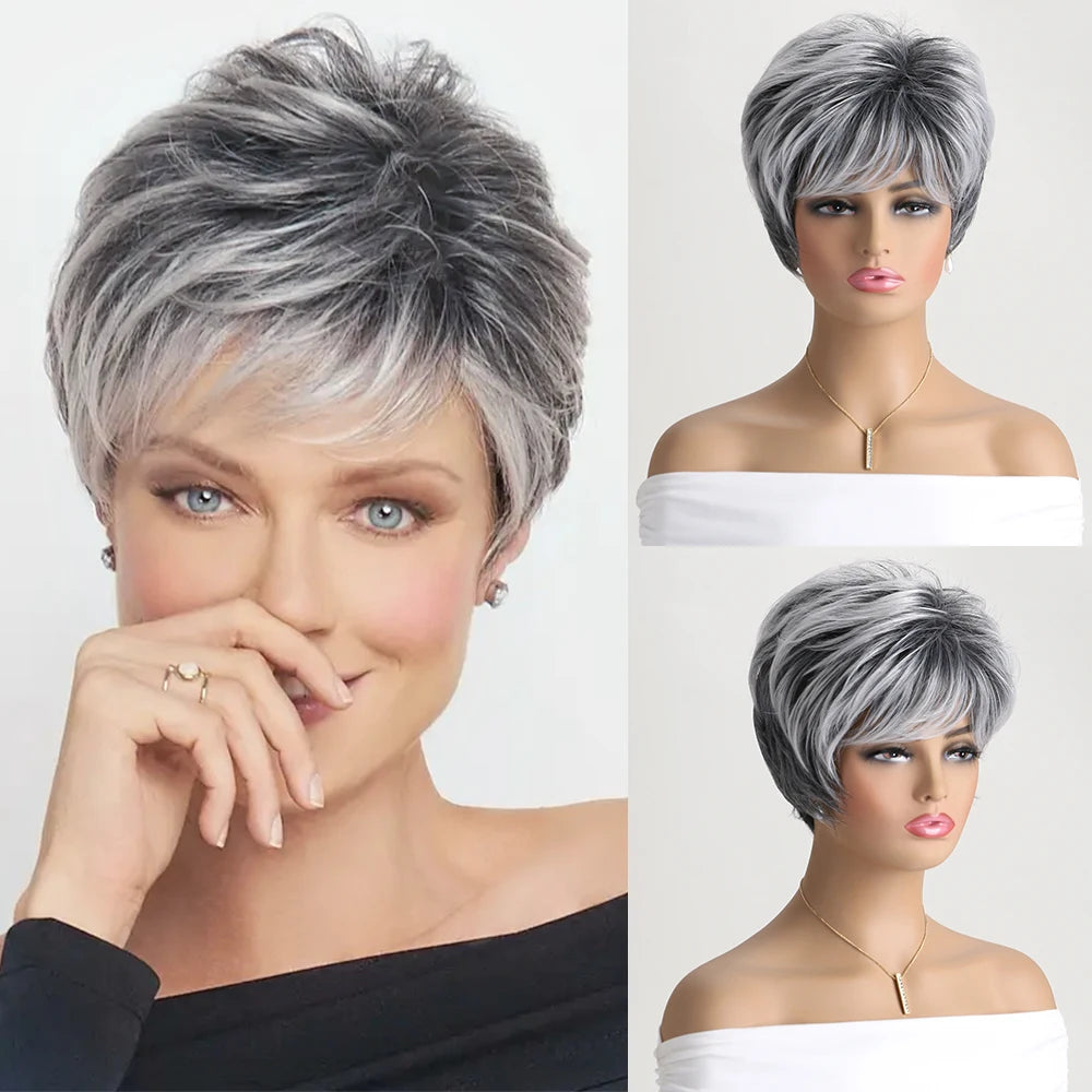 Short Natural Wigs with Bangs Soft Mommy Hair Daily Use Short Grey Ombre Curly Synthetic Hair Costume Party Wig for Women