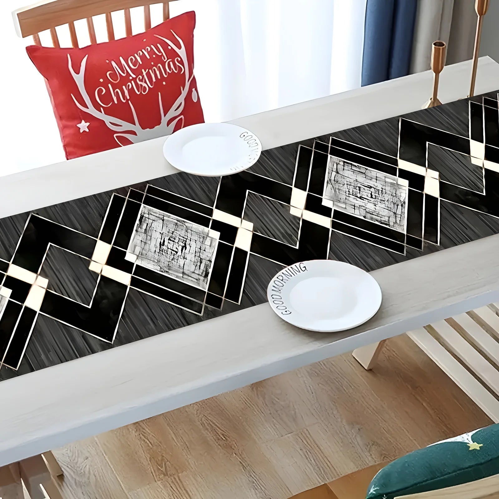 1 Camino de Mesa con Tema Geométrico Blanco y Negro, con Patrón de Diamantes, Adecuado para Fiestas de Estilo Industrial, Exposiciones de Arte Moderno, Fiestas Temáticas Blancas y Negras