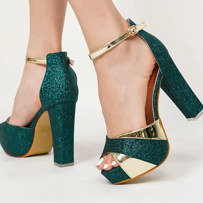Green Sequined Platform Sandals