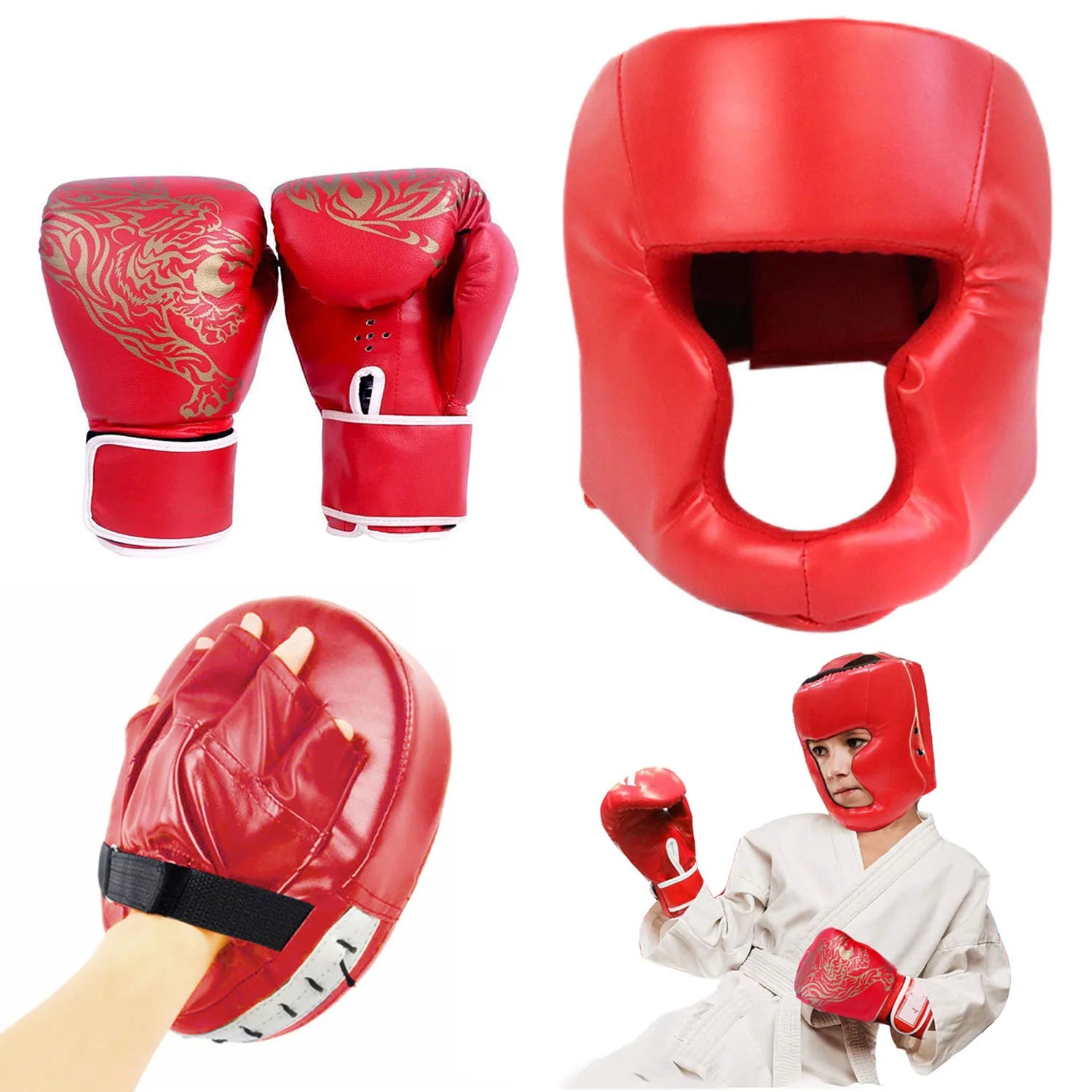 Gants de boxe de sécurité MMA pour adultes et enfants, casque, protection de la tête, gants en cuir PU, entraînement de boxe pour enfants, kickboxing, cible de boxe
