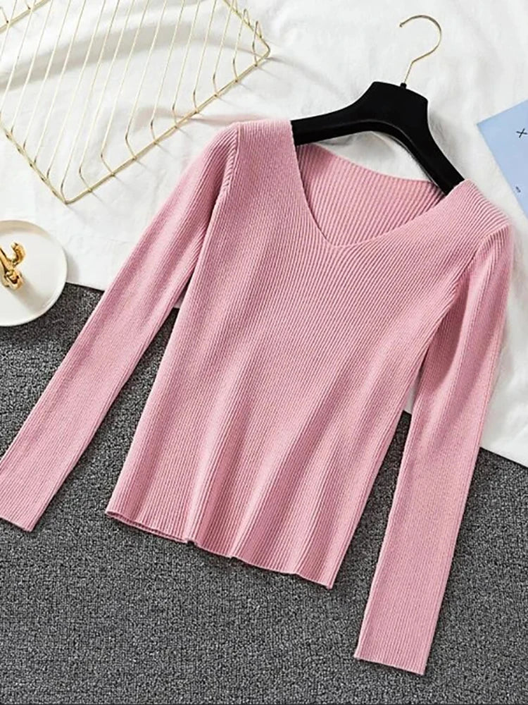 Suéter de mujer nuevo otoño invierno de manga larga jersey básico top de moda cuello en V elástico femenino invierno de punto sólido