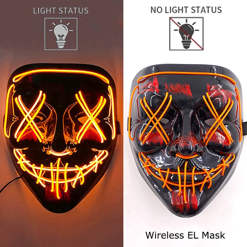 Máscara de purga LED de neón inalámbrica, que brilla en la oscuridad, máscara de cosplay de terror para Halloween, máscaras de fiesta de disfraces, accesorios luminosos divertidos