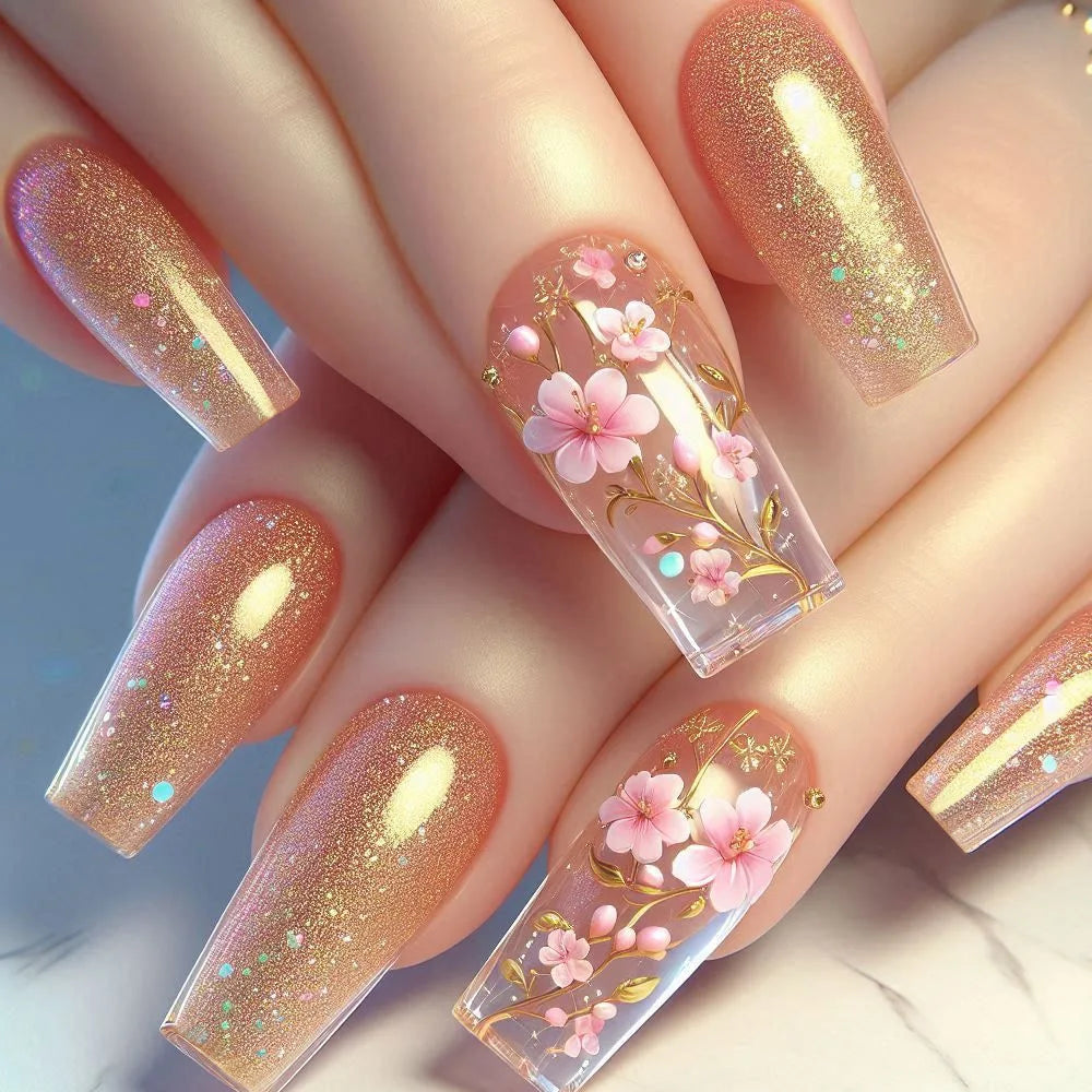24 Piezas Uñas Postizas Ataúd Dulce Fresco Mariposa Flor Acrílico Brillo Uñas Falsas Brillantes Cubierta Completa Otoño Puntas de Uñas a Presión