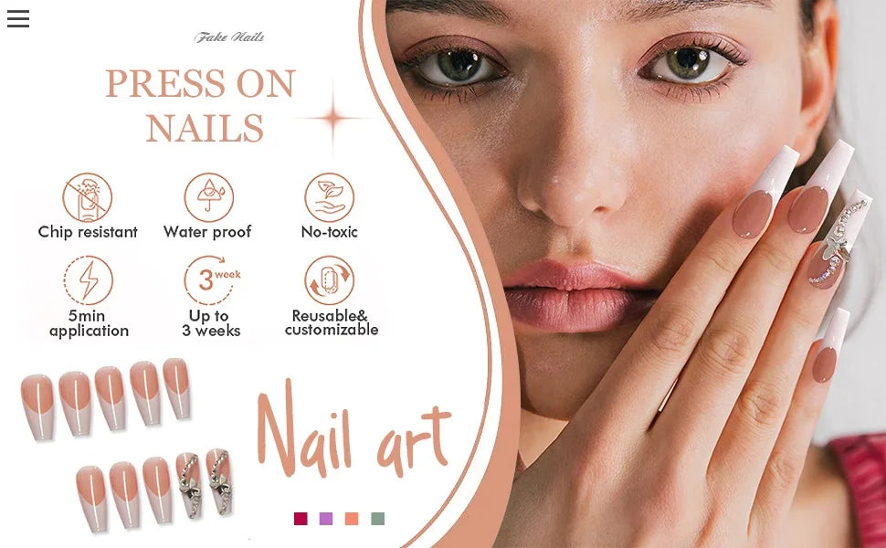 Uñas a presión francesas coloridas con diseños, uñas postizas a presión de cabeza cuadrada larga, pegamento simple portátil para uñas, uñas postizas