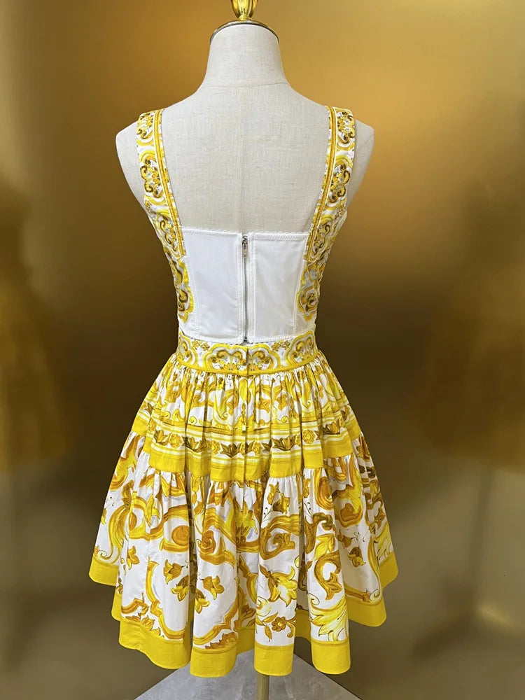 Designer Women's Cotton Corset Top & Mini Skirt Set | Yellow Porcelain Print | Summer Beach Vacation Outfit