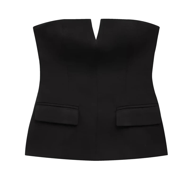 TRAF Tops para mujer Top corto sin tirantes blanco roto Corsé de verano para mujer Tops de tubo sexys sin espalda Camiseta sin mangas de color liso