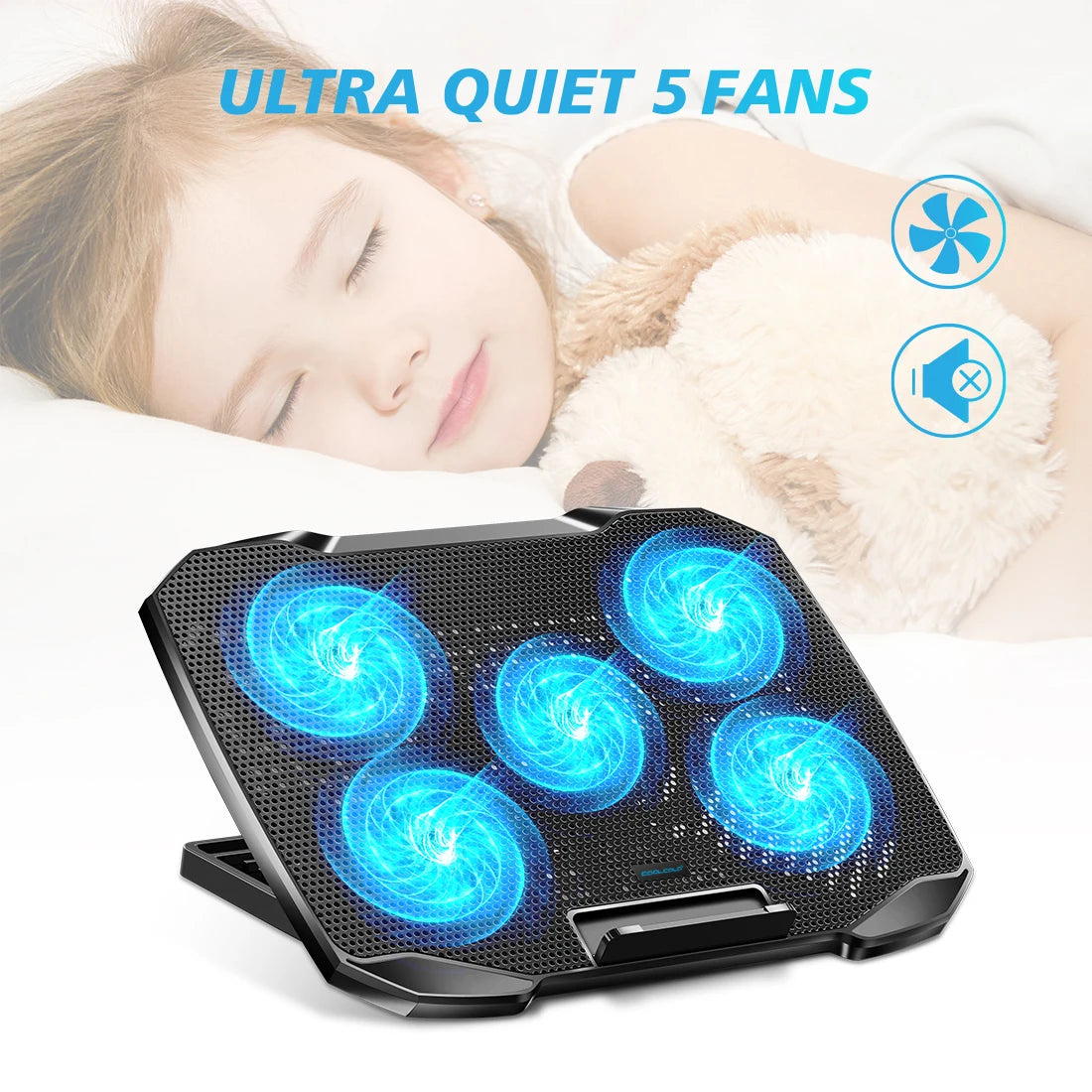 Soporte de refrigeración para portátil COOLCOOLD para portátiles de 12 a 17 pulgadas, 5 ventiladores silenciosos, ángulo ajustable en 5 posiciones con soporte para teléfono