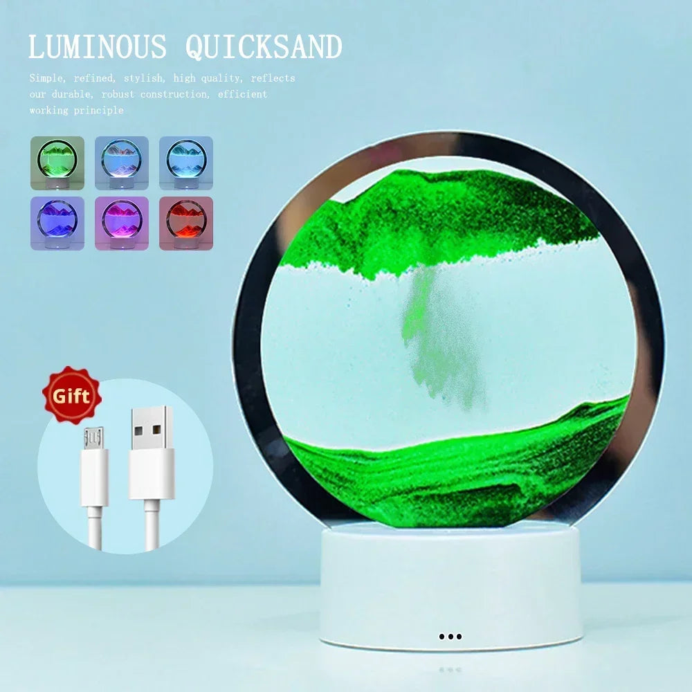 Lámpara de Mesa LED Luz Nocturna de Ambiente Decoración Pintura de Arena Movediza Cristal Redondo Creativo Descompresión Tridimensional para Dormitorio