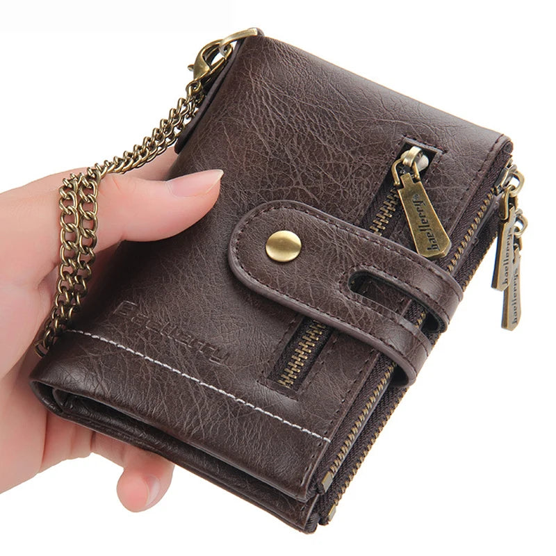 Billetera de lujo de piel sintética para hombre - Tarjetero con diseño de cadena corta, Monedero retro clásico (marca de alta calidad)