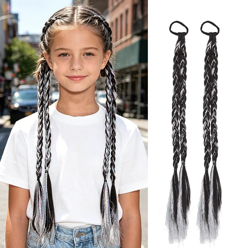Trenza Postiza de Fibra Sintética con Mechas Láser de Moda para Niñas, Estilo Urbano, Uso Diario, Fiesta