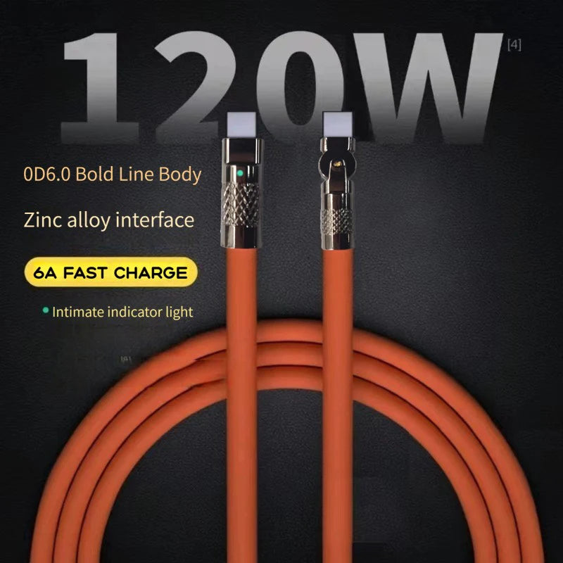 Câble de données USB Type-C 120 W 6 A, charge ultra rapide, coudé à 180 °, en silicone, type-c, 1 m/2 m