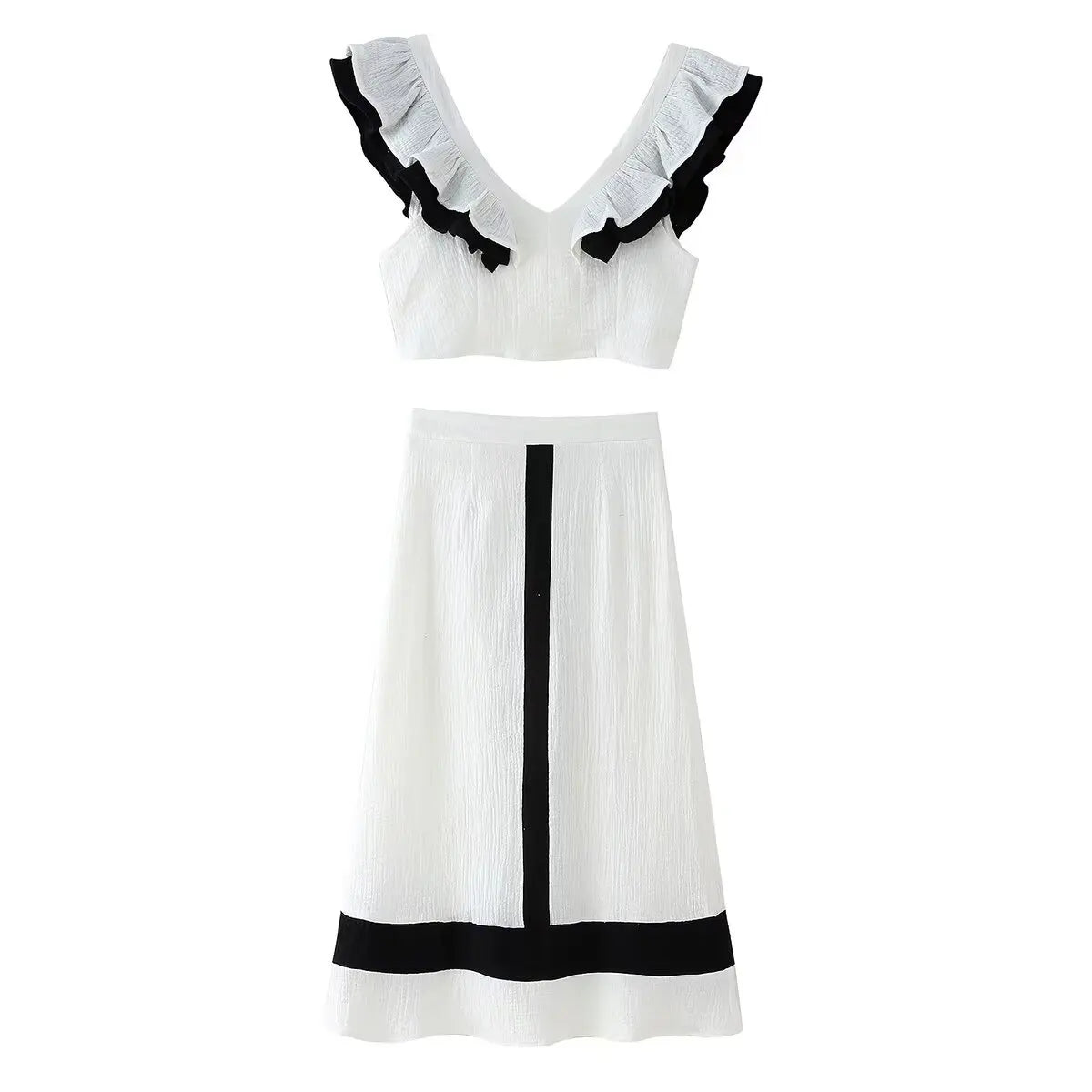 Elegantes Conjuntos de Falda para Mujer Cuello de Pico Manga Volante Top Contraste Falda de Cintura Alta Femenina Conjunto de 2 Piezas Vacaciones 2024 Traje de Falda sin Mangas
