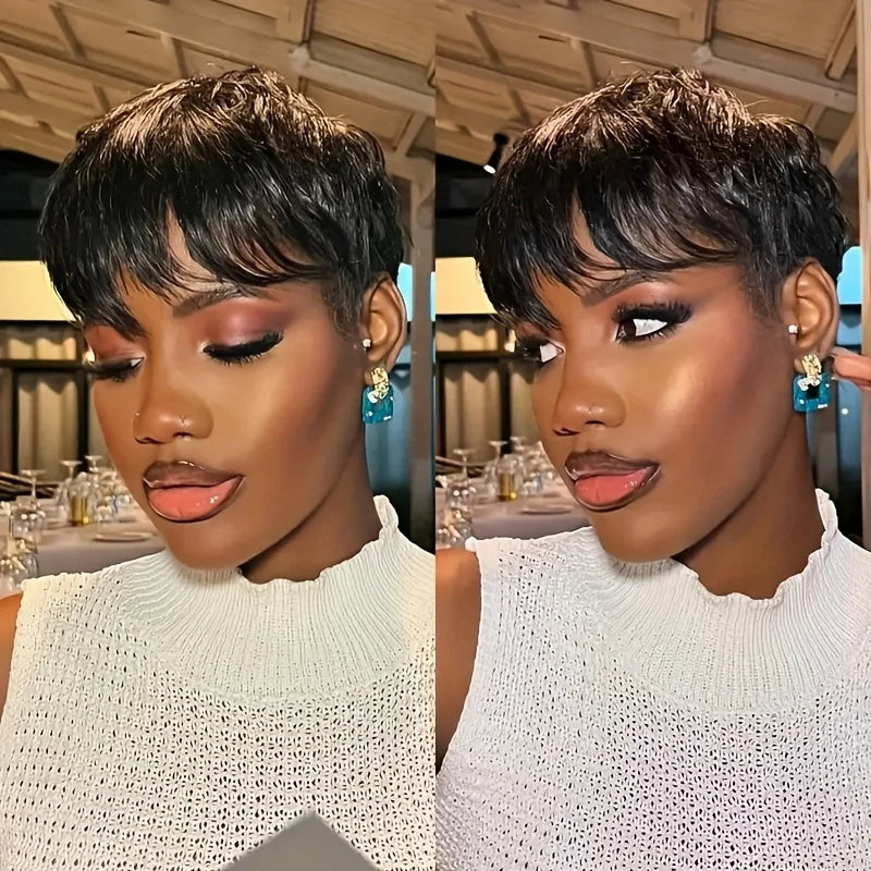 6inch brown/99j color 150% density pixie cut wig short straight machine made for women daily paty use human hair wigs 