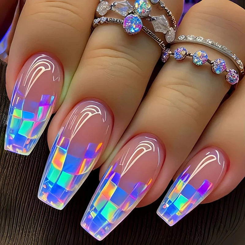 Colorful laser manicure patch wearing nails