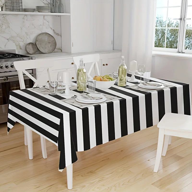 1pc, Black And White Striped Tablecloth, Waterproof Rectangular Tablecloth For Holiday Party Picnic Decoration