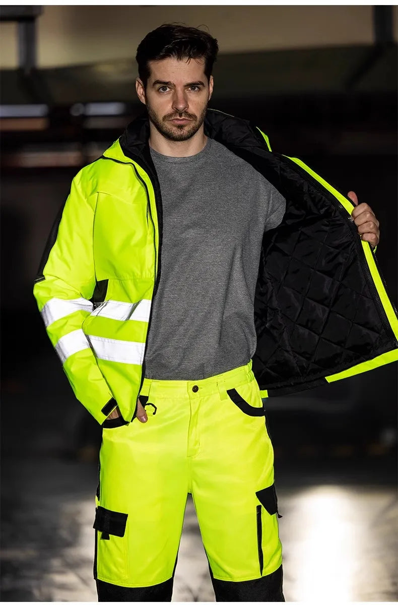 Trajes de trabajo de alta visibilidad amarillos para el invierno, conjunto de chaqueta impermeable de alta visibilidad 3 en 1 con forro y pantalones de trabajo para hombre