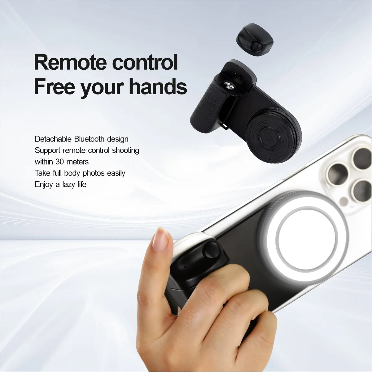 Poignée magnétique pour smartphone avec télécommande Bluetooth amovible de 30 m et éclairage d'appoint, anti-tremblement, poignée pour selfie et support photo