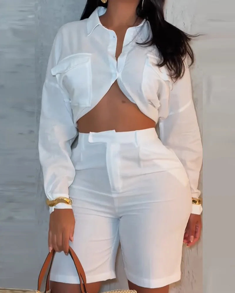 Traje de camisa de manga larga y pantalones cortos elegante sólido para mujer Nuevo traje de 2 piezas para mujer de moda elegante informal de oficina de verano
