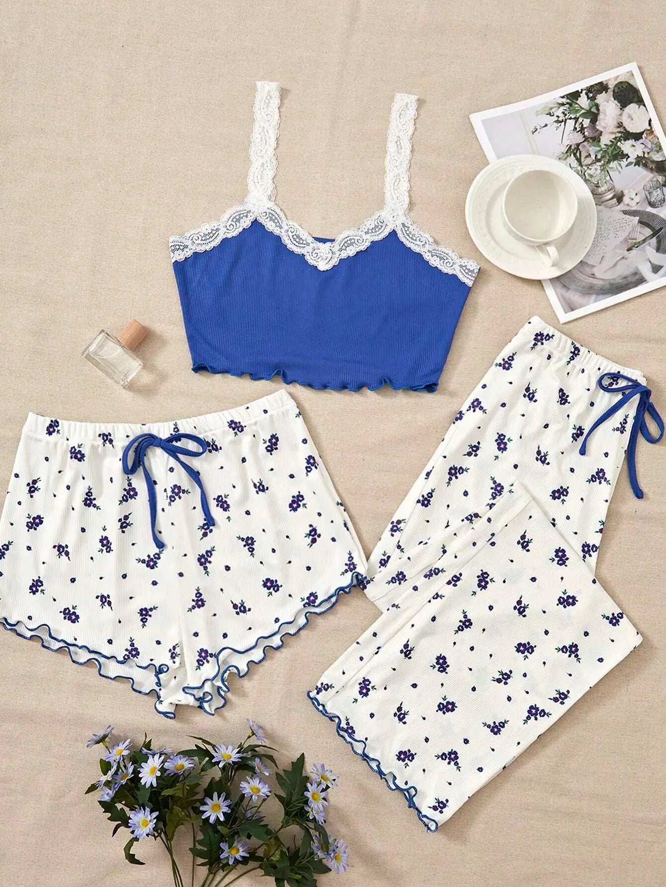Conjuntos de Pijama para Mujer, Tres Piezas, Top de Tirantes, Estampado, Pantalones Cortos, Pantalones Largos, Trajes Casuales, Ropa de Noche, Ropa de Dormir Dulce para Mujer, Verano