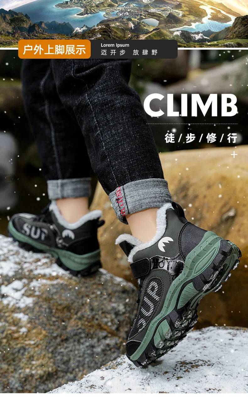 Winter Plus Velvet Hiking Shoes For Kids Non-slip Platform High Top Sports Shoes Boys Outdoor Warm Plush Children's Sneakers