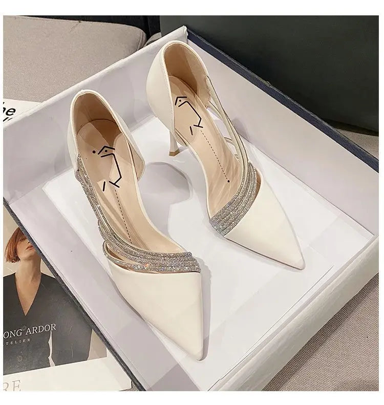 Zapatos de tacón alto para fiesta de noche de mujer, nuevos zapatos de salón elegantes para mujer, de punta, negros, con tiras, para mujer