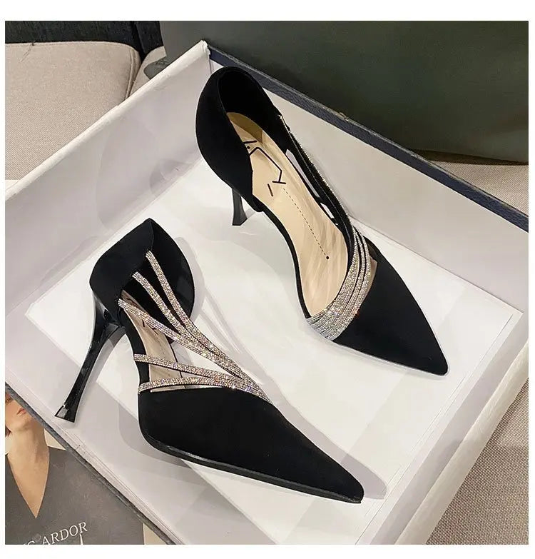 Zapatos de tacón alto para fiesta de noche de mujer, nuevos zapatos de salón elegantes para mujer, de punta, negros, con tiras, para mujer