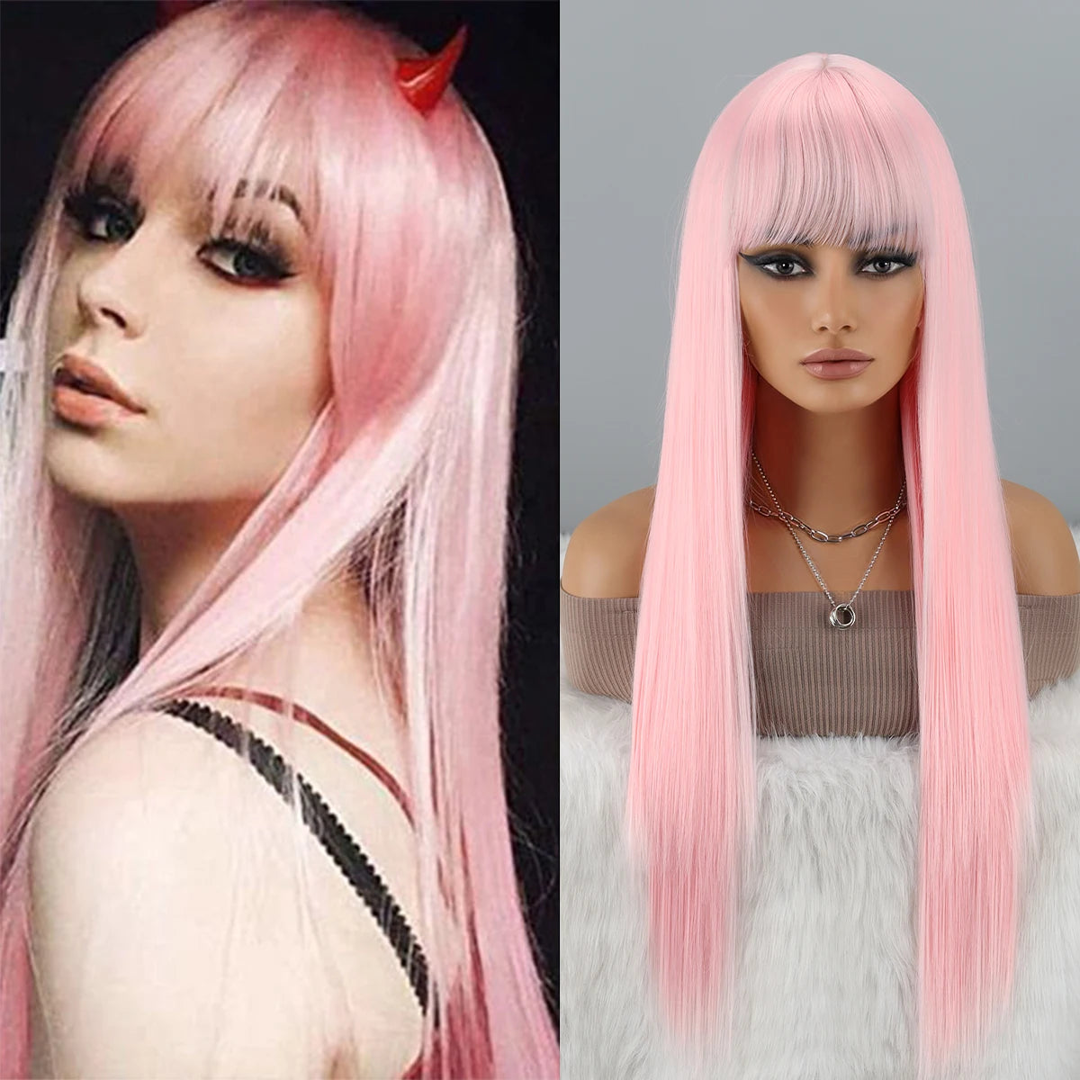 Long Straight Remy Hair Wigs Natural Black Heat Resistant Fiber Hair Full Machine Wig with Bangs Cosplay Party Wig For Fashion
