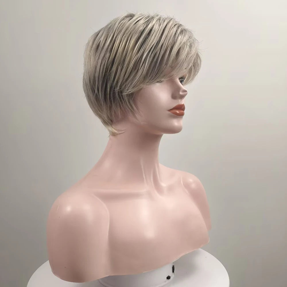 HAIRJOY Synthetic Hair Wig Short Ash Blonde Pixie Cut Wig with Dark Shadow Roots Layered Wigs for Women