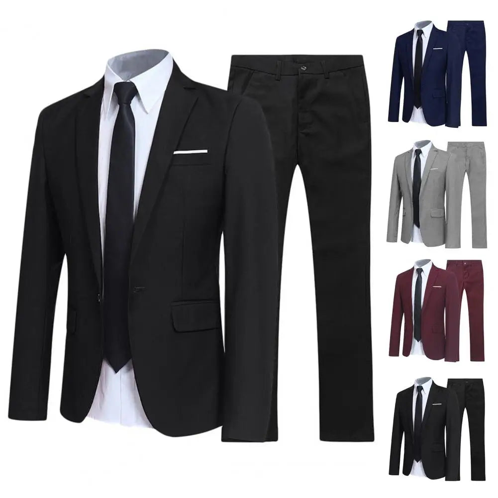 Traje de negocios informal para hombre, color liso, cuello vuelto, ajustado, traje de novio para boda, blazer, pantalones, conjuntos para hombre