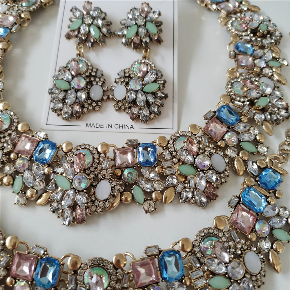 Nuevos conjuntos de joyas de lujo con cristales de estrás, collar, pulseras, pendientes, conjunto de joyas para mujer, boda india, declaración nupcial