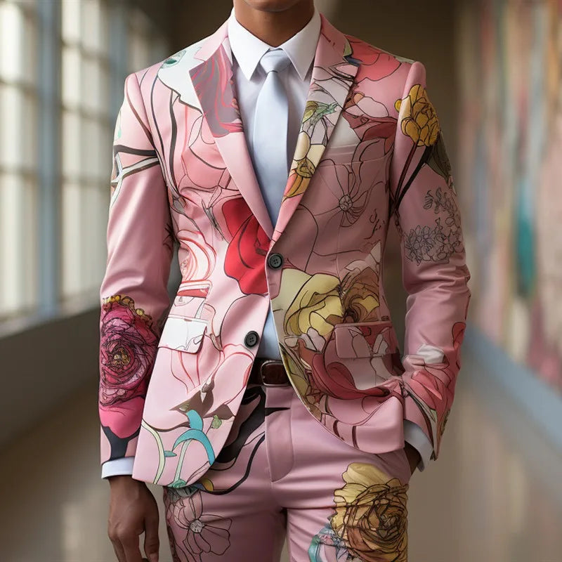 Traje casual de hombre, abrigo y pantalón con estampado digital de exquisitas rosas, para cosplay, fiesta, escenario o discoteca