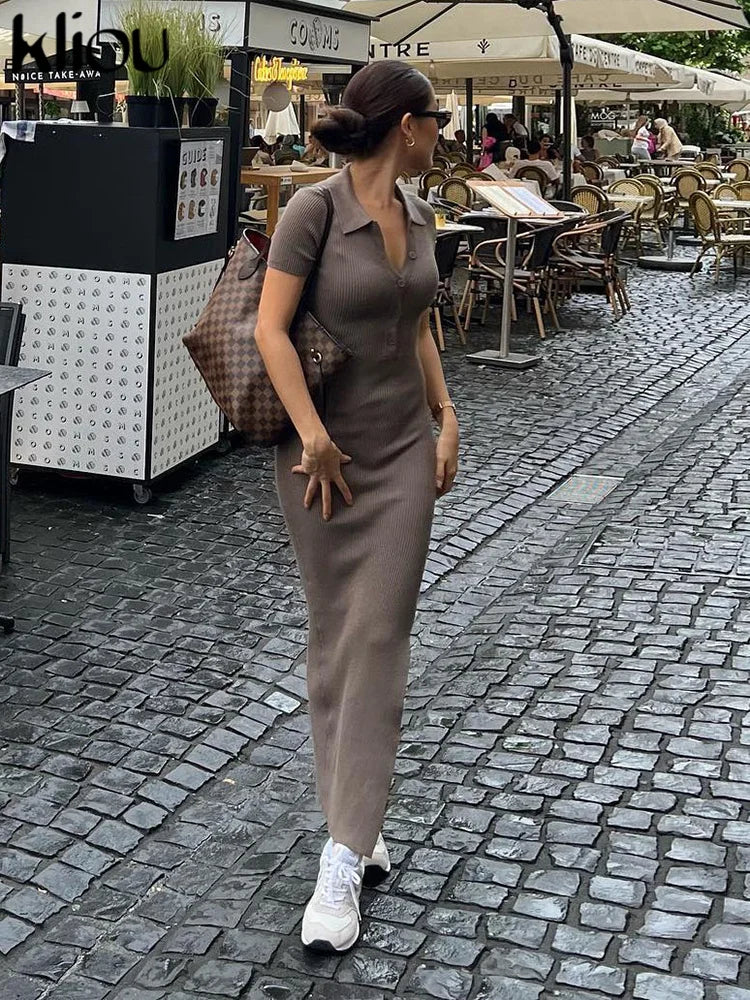 Kliou Elegante Vestido Largo de Oficina para Mujer Color Liso Cuello Vuelto Manga Corta Botones Abertura Lateral Moldeador de Cuerpo Estilo Urbano