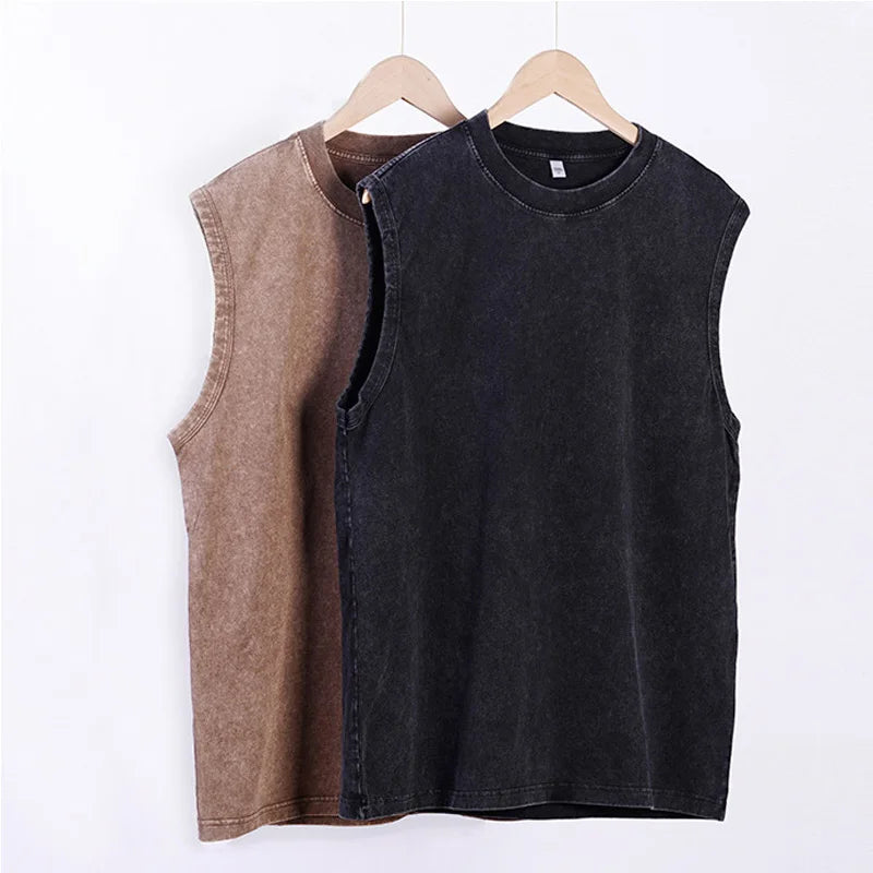 Débardeur vintage délavé pour homme, 100 % coton, décontracté, sans manches, style streetwear, noir, ample, pour femme