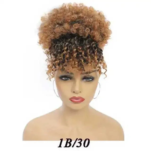 Synthetic Afro Puff Hair Bun Extensions Drawstring Ponytail With Bangs Short Kinky Curly Pineapple Clip in on Wrap Updo Ponytail